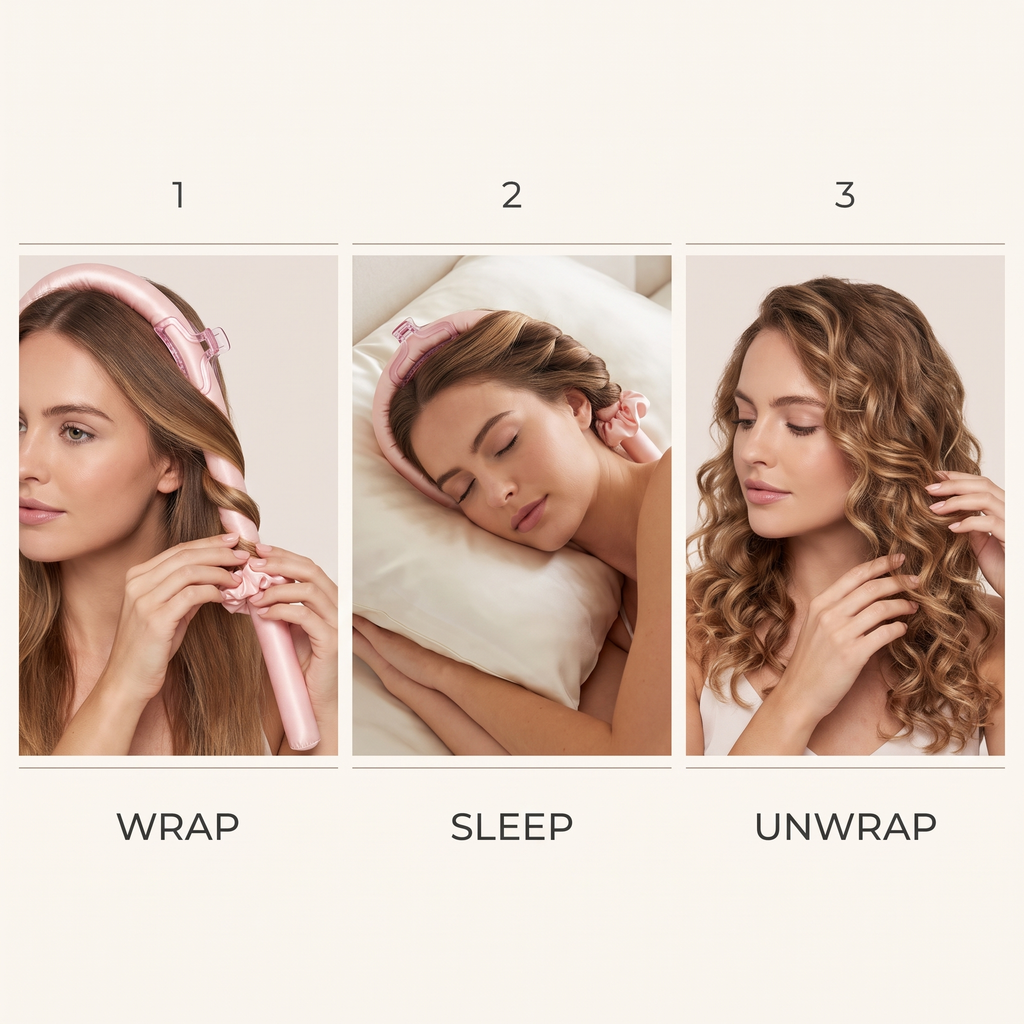 Three steps to use LunaCurl: wrap your hair, sleep, unwrap in the morning
