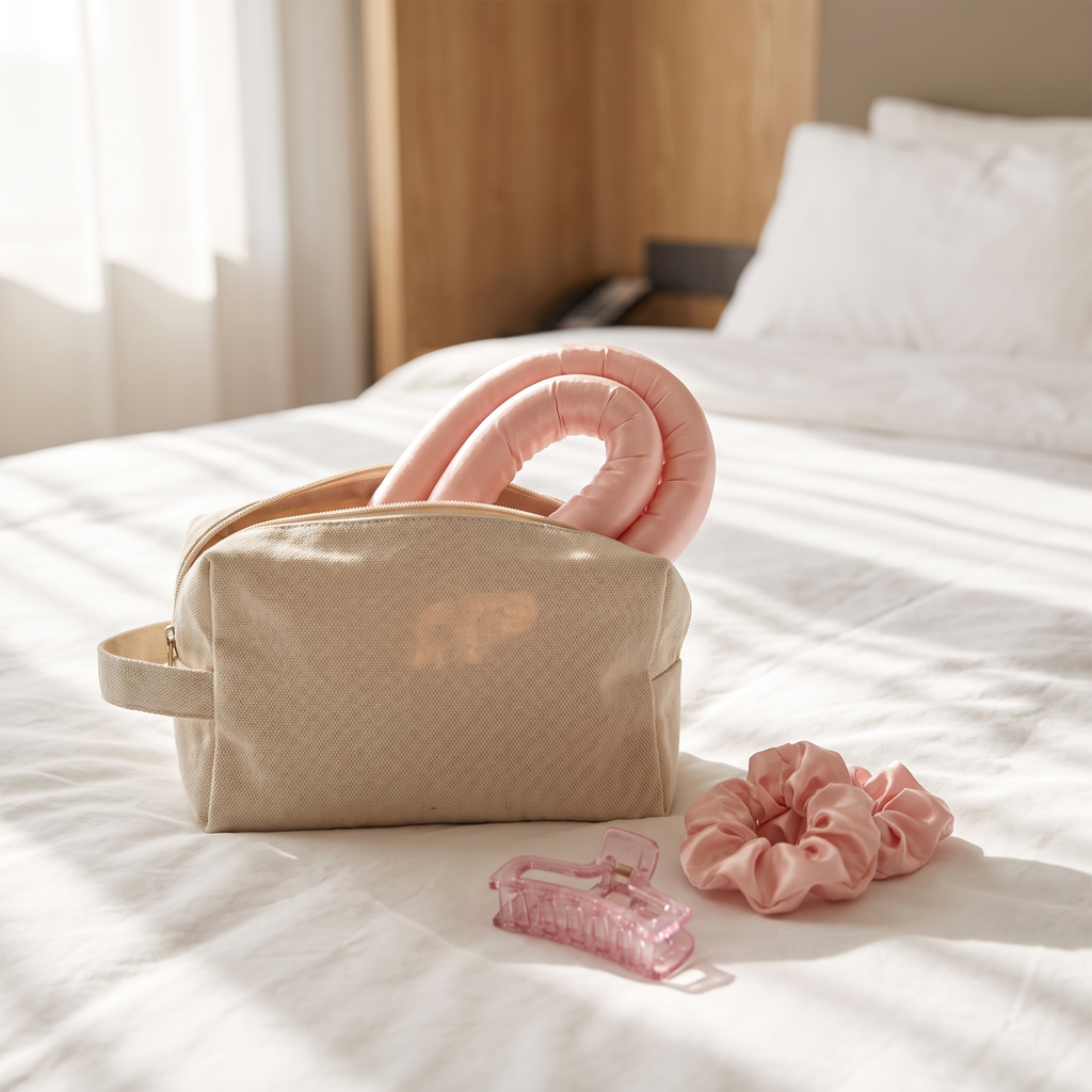 LunaCurl band rolled into a travel pouch with its scrunchies and claw clip