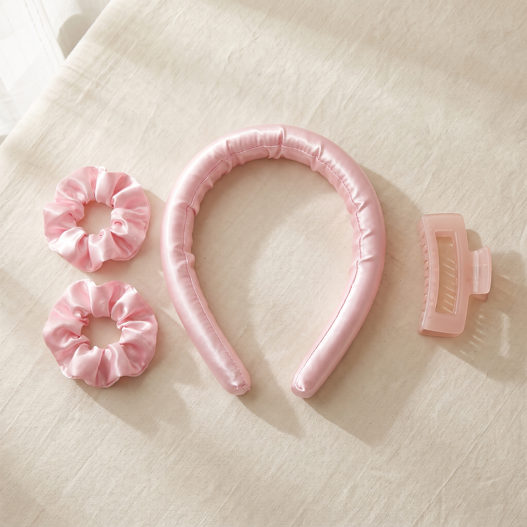 LunaCurl complete set flat lay: satin band, two matching scrunchies and a claw clip